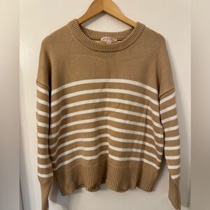 Philosophy camel and white striped crewneck sweater.